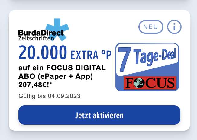 [Payback] 20.000 Extra-Punkte für Focus Digital (ePaper/App) - eff. 1,03 cent pro Meile, 0,83 Cent möglich (personalisiert)