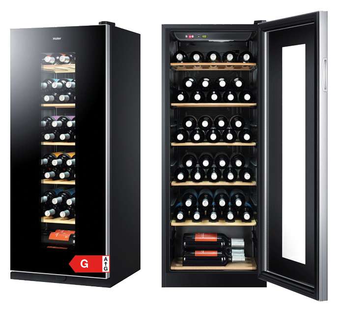 Haier WS59GAE Weinklimaschrank für 59 Flaschen | Anti UV-Tür | Anti-Vibration | Türschloss | 39dB | ‎146 kWh/Jahr | EEK G