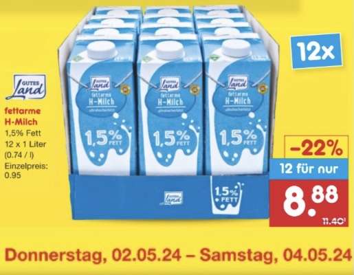 "Gutes Land" 12x H-Milch (regional unterschl. Sorten) für 74 Cent/Liter bei NETTO MD