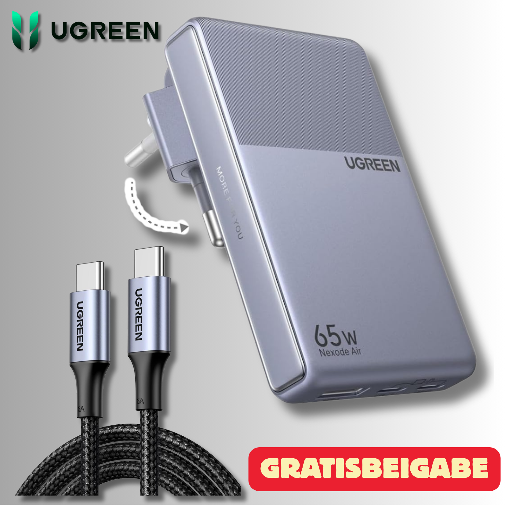 UGREEN flaches USB-C GaN Schnellladegerät mit klappbarem Stecker | 65W, 3-Ports (2x USB-C & 1x USB-A) | Gratiszugabe: 2m 100W USB-C Kabel