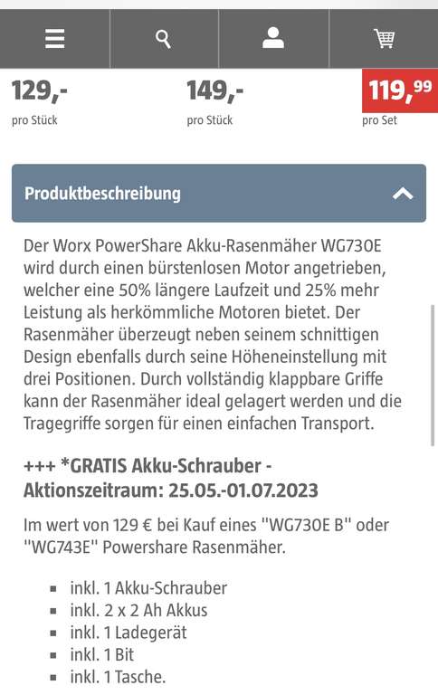 [Bauhaus] Worx Rasenmäher WG730E plus Akkuschrauber