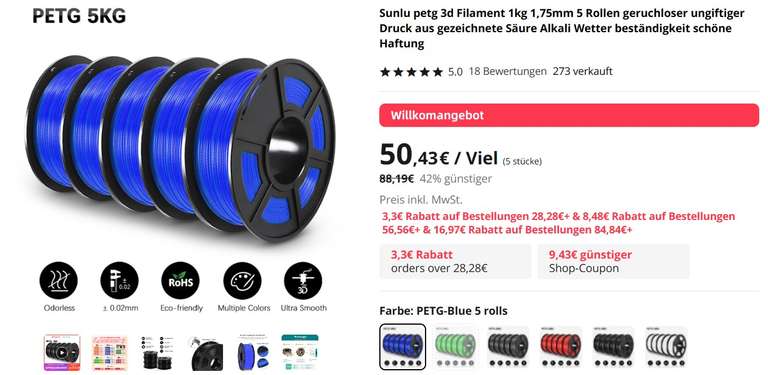 Sunlu petg 3D Drucker Filament 1kg 1,75mm 5 Rollen Blau/Rot/Grau/Schawrz/Weiß Für Erstbesteller 40,34€/ sonst 44,95€