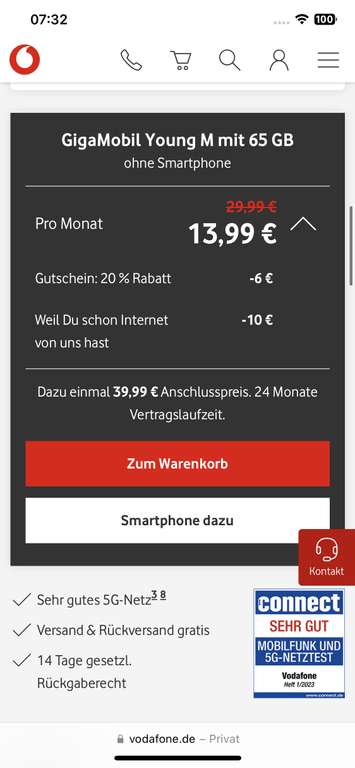 Gigakombi u28 vodafon 65gb all-net für 13,99€