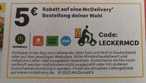 5€ McDonalds Gutschein bei Bestellung über Lieferando, Uber Eats oder Wolt