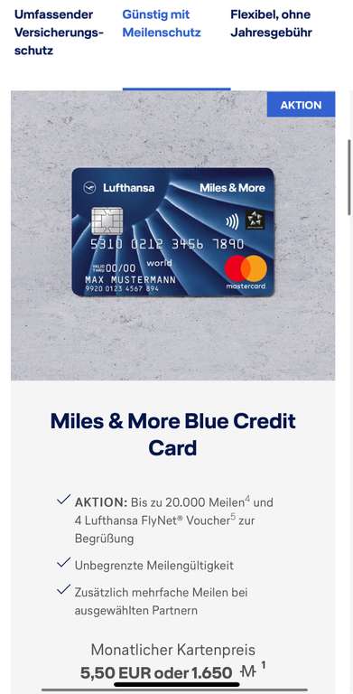 Miles & More blue Card, bis zu 20 000 Miles zur Begrüßung - Neukunden bis 29.02