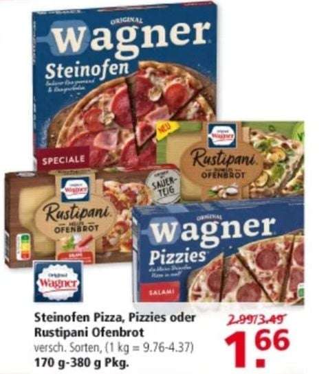 [Multi Markt] 4x Wagner Steinofen Pizza, Pizzies oder Rustipani Ofenbrot für 1,41 € pro Pizza (Angebot + Coupon) - regional