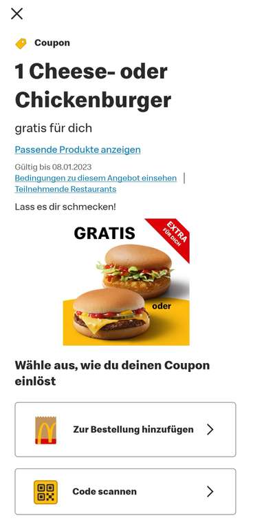 Gratis Cheese- oder Chickenburger McDonald's App (personalisiert)