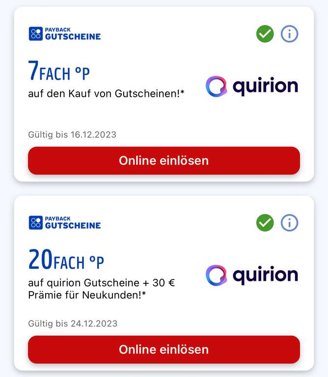 [Quirion & Payback] 13 Prozent Rabatt auf Quirion Gutscheine / 32,50€ Gewinn bei 250€, Bestandskunden