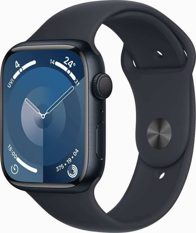 Apple Watch Series 9 45mm GPS in Mitternacht | 484x396, OLED, 2000nits | Aluminium | 64GB | WiFi 4 | Bluetooth 5.3 | NFC | UWB | Größe: M/L