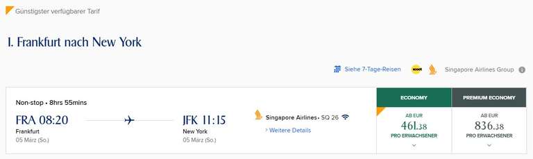 NEW YORK CITY: Flüge mit Singapore Airlines ab FRA nach JFK