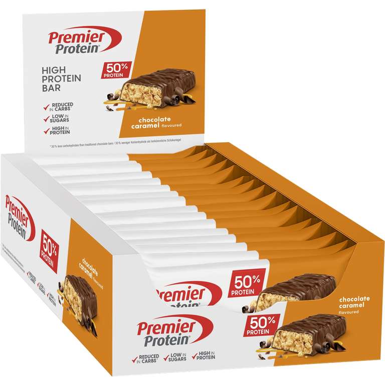 Premier Protein High Protein Bar Chocolate Caramel 16x40g - High Protein Low Sugar Riegel + Palmölfrei (Prime Spar-Abo)
