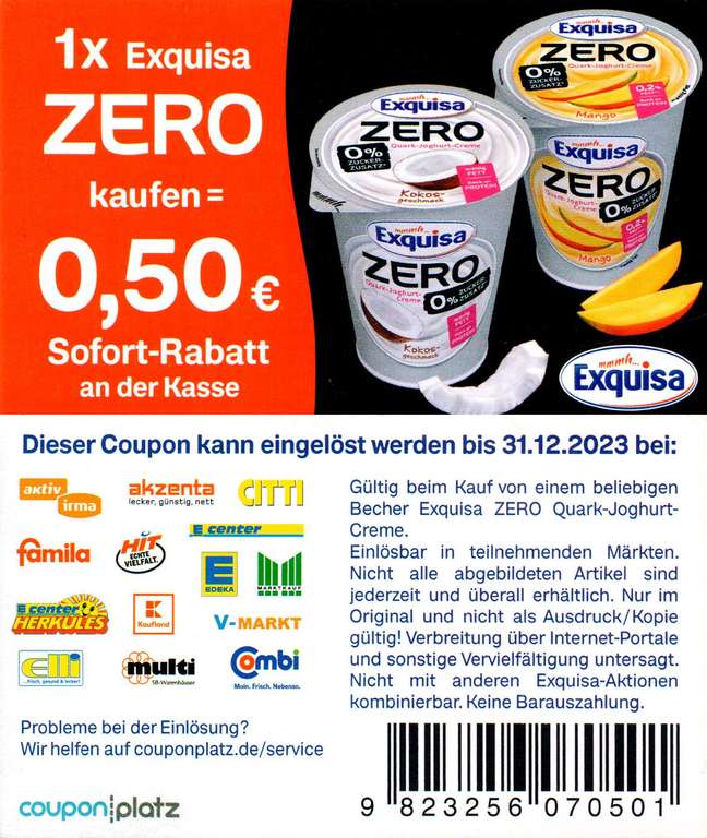 [Kaufland] Exquisa Zero 400g für 0,61 € je Becher / Fitline für 0,75 € (Angebot + Coupon + Kaufland App) - bundesweit