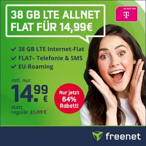 [Telekom-Netz] 38GB green LTE Tarif von freenet für mtl. 14,99€ + 19,99€ AG mit VoLTE & WLAN Call, Allnet- & SMS-Flat + eSIM