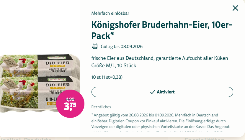 WIEDER DA: Königshofer BIO Bruderhahn-Eier 10er für 3,75 EUR bis 08.09.2026 bei DENNS BIOMarktmit Kundenkarte/App
