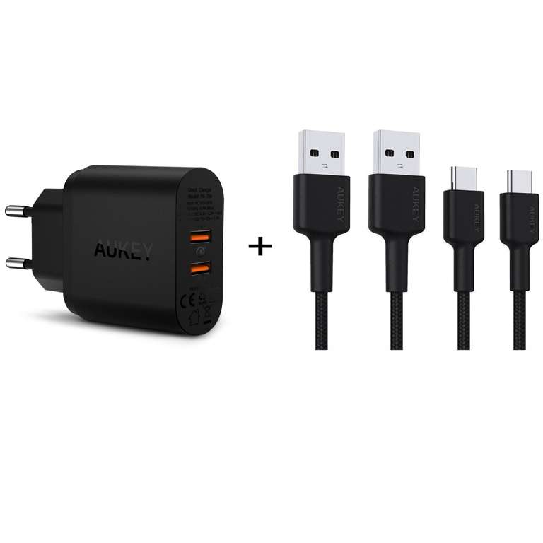 Aukey PA-T16 Ladegerät (36W, 2 x USB-A, max. 3A, Quick Charge 3.0) + 2 x USB-A auf USB-C Kabel (2m, USB 3.2, Nylonkabel)