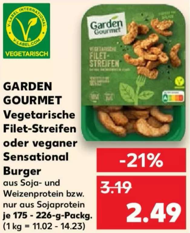 [Kaufland] Garden Gourmet vegetarische Filet-Streifen oder veganer Sensational Burger 175g/226g für 1,74€ (Angebot + Coupon)