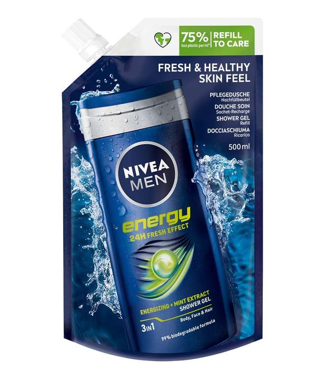 NIVEA MEN Energy Pflegedusche Nachfüllbeutel (6x500 ml), vitalisierendes und pflegendes Duschgel mit Minz-Extrakt [Prime Spar-Abo]