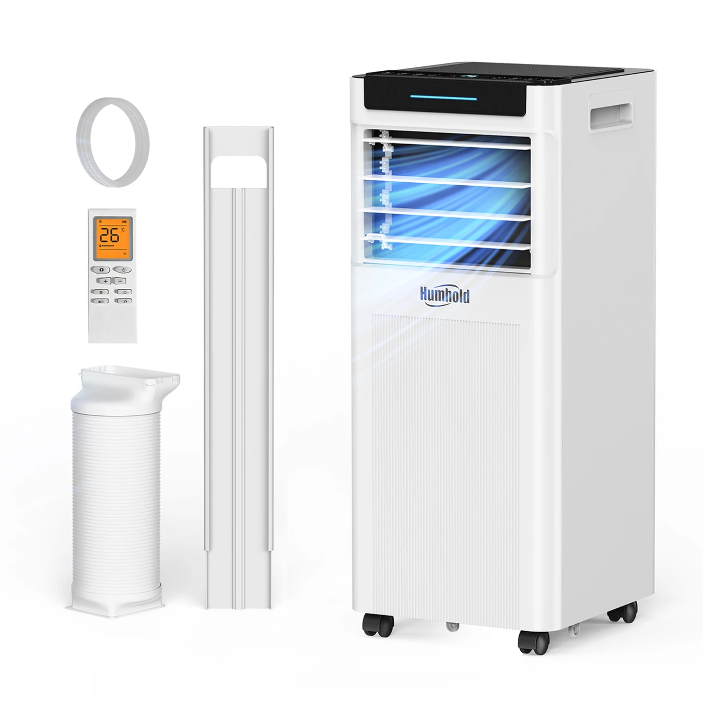 Humhold Mobiles Klimagerät 7000 BTU - 2,0 kW, 3-in-1 (Kühlen/Entfeuchten/Lüften), R290, 24h-Timer, Schlafmodus, Fenster-Kit, HDPAC-07-PSA1