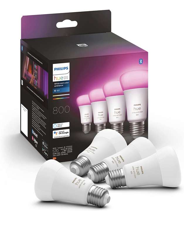 Philips Hue White & Col. Amb. E27 LED Lampen 4-er Pack, dimmbar, 16 Mio. Farben