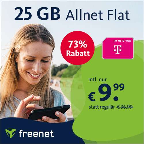 [Telekom-Netz] 25 GB green LTE Tarif für 9,99€ / Monat von freenet mit 25 Mbit/s + VoLTE, WLAN Call & Allnet- & SMS-Flat & 39,99€ AG