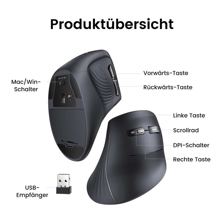 [Prime] Ugreen 25444 vertikale Maus | 5 Tasten | max. 4000 DPI (einstellbar in 4 Stufen) | Bluetooth 5.0 oder 2.4G USB-Empfänger