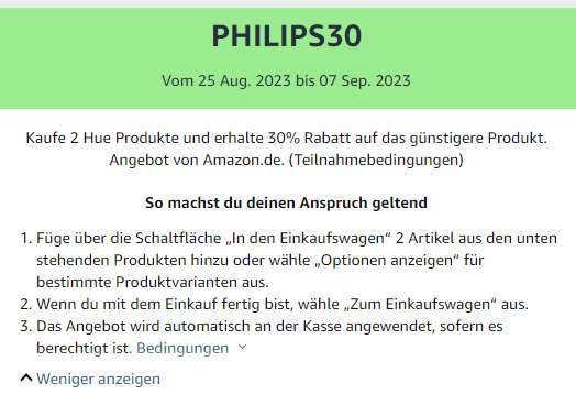 Philips Hue - 30% (auf das günstigere Produkt) bei Kauf von 2 Produkten