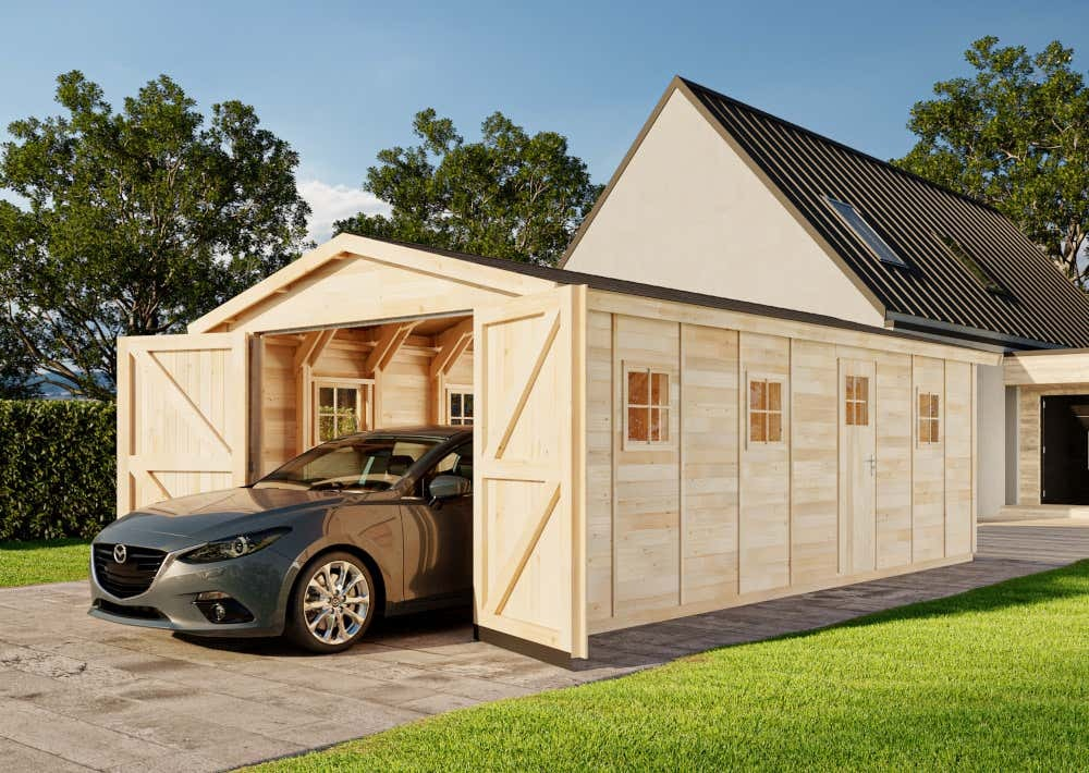 Alpholz Holzgarage 3,96 x 7,42 mit Geräteraum + Doppeltor (UVP 6230€) - B-Ware // auch weitere Einzelgaragen im Sale