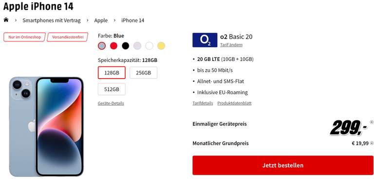 O2 Netz: Apple iPhone 14 alle Farben im Allnet/SMS Flat 20GB LTE für 19,99€/Monat, 299€ Zuzahlung (5G +1€)
