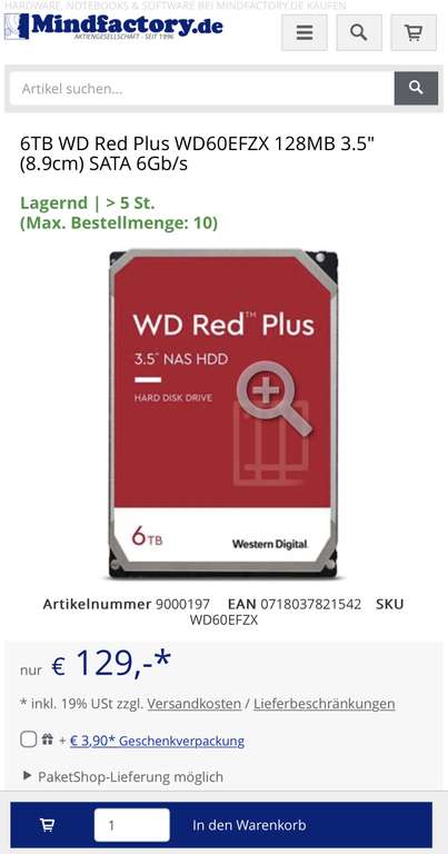 6TB WD Red Plus WD60EFZX 128MB 3.5" (8.9cm) SATA 6Gb/s (Mindstar)