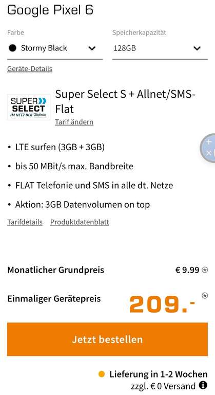 Google Pixel 6 inkl 6GB LTE Allnetflat im o2-Netz (mit Shoop für 448,75€; bei RNM ggf. 418,75€)