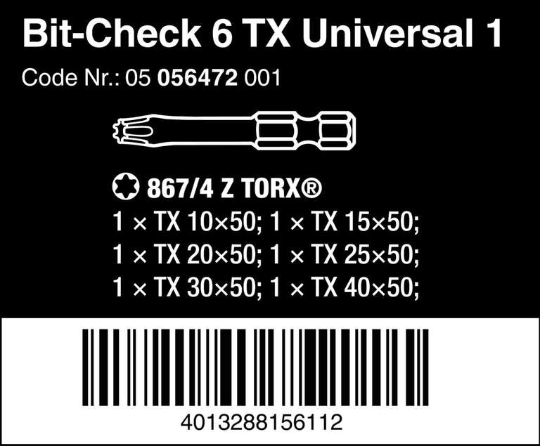 Wera Bit-Sortiment, Bit-Check 6 TX Universal 1, 6-teilig, Torx, 50 mm (Prime)