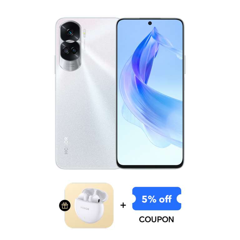 Honor 90 Lite (8GB + 256GB, 6,7" 2388x1080 IPS 90Hz, 100MP Kamera, 4500mAh 35W, Android 13) inkl. Honor Earbuds X5 White