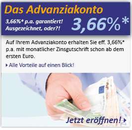 Advanzia Bank effektiv 3,66% p.a. Tagesgeld für Neukunden (6 Monate), monatliche Gutschrift, Luxemburg, AAA-Rating