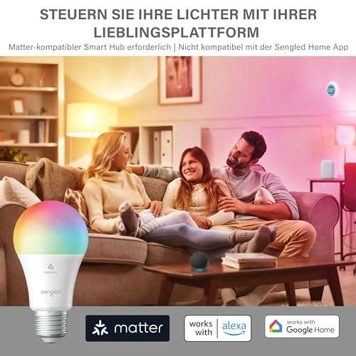 Sengled LED-Smart-Glühbirne (E27), 800 LM, für Matter und Alexa geeignet, Matter-kompatible Plattform erforderlich (personalisiert)
