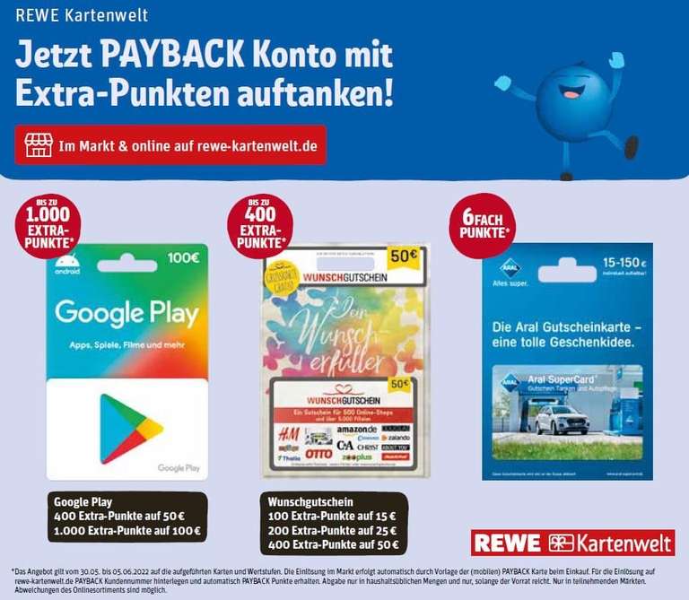 [Payback] REWE Markt + online: Bis zu 400 extra Payback Punkte auf Wunschgutschein Geschenkkarten (z.B. für Amazon/MediaMarkt/IKEA/H&M/C&A)