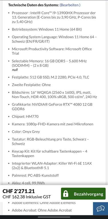[Schweizer Shop] Lenovo Legion Pro 7i 16, i9-13900HX Prozessor, RTX 4080 12 GB GDDR6