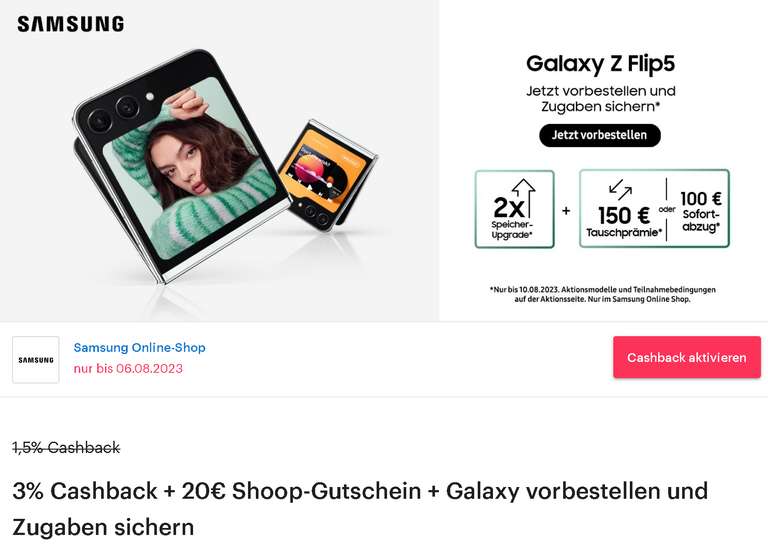 [Samsung + Shoop] 5% Cashback + 20€ Shoop-Gutschein + bei Vorbestellung Galaxy Z Flip5/Fold5/Tab S9: Speicherupgrade + bis 200€ Tauschprämie