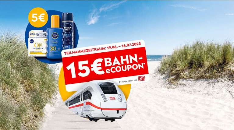 [Nivea / Deutsche Bahn] bis 16.07.2023: 15€ DB eCoupon beim Kauf von Nivea Produkten im Wert von mind. 5 € - Mindestfahrkartenwert 39,90 €