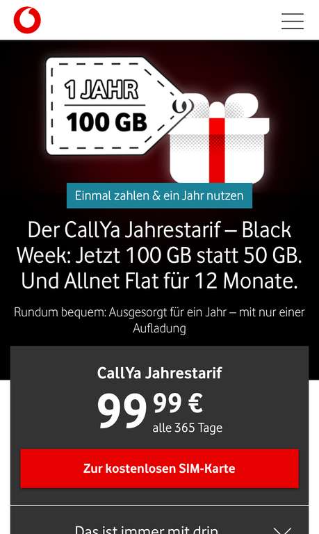 Vodafone Callya ins Ausland, von mydealz Minuten/SMS EU 500Mbits, | Flat, 100GB/Jahr, 5G, esim DE Jahrestarif Prepaid 2400 Allnet/SMS