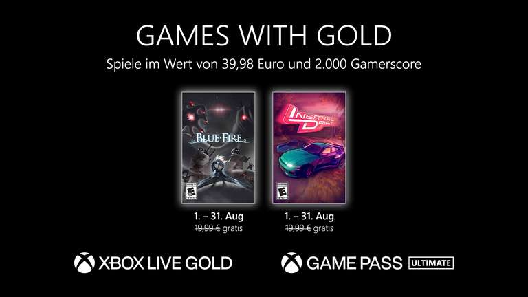 Games with Gold im August 23: "Blue Fire" und "Inertial Drift" (XBOX Live Gold & Gamepass)