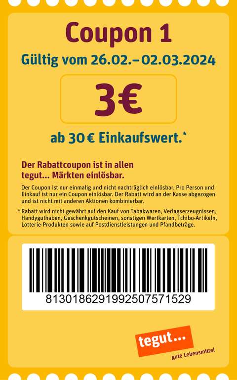 3€ tegut Rabattcoupons für Kalenderwoche 9-12 mit Mindesteinkaufswert von 30€ (personalisiert)