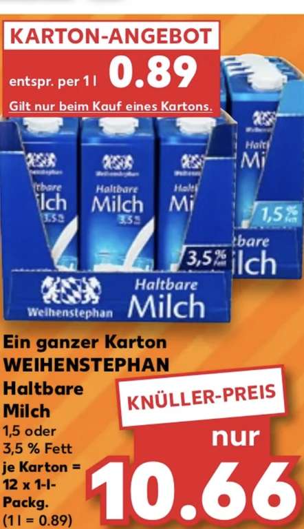 Lokal Kaufland 12x Weihenstephan H-Milch 1,5 od. 3,5%. Karton-Angebot (Literpreis: 0,89€)