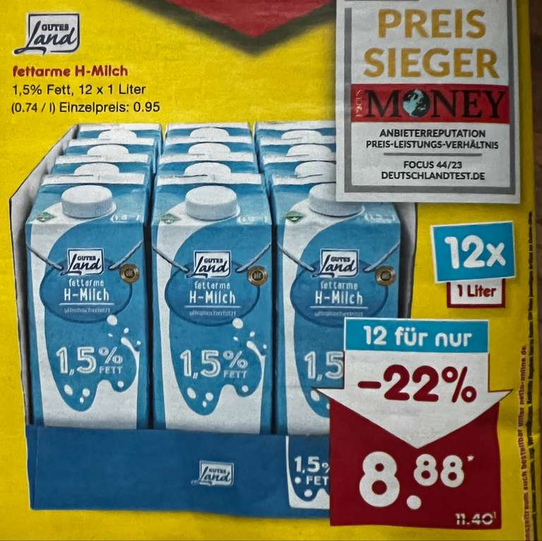 12 x 1 Liter fettarme H-Milch für 8.88€ = Literpreis 0.74€ | gültig an 21.10.2023 [Netto MD]