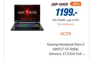 ACER Gaming-Notebook Nitro 5 (AN517-55-96S6), Schwarz, 17,3 Zoll, Full-HD, Intel i9-12900H, 16 GB, 1TB SSD, RTX 4060 für eff. 1005,99€