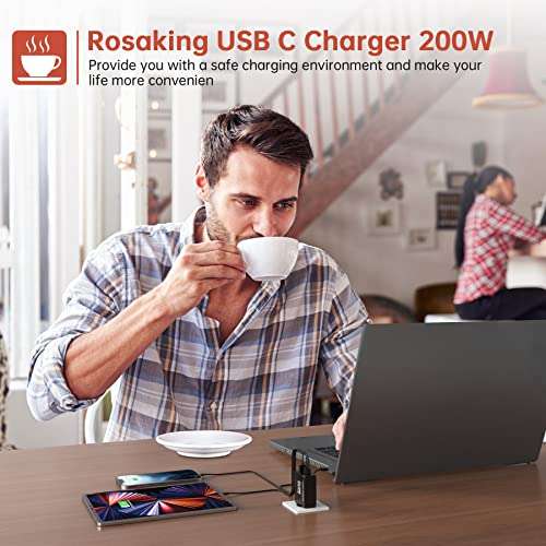 Rosaking USB C Ladegerät 200W, GaN III Tech Schnellladegerät, 4 Ports USB C Schnellladegerät für MacBook Air