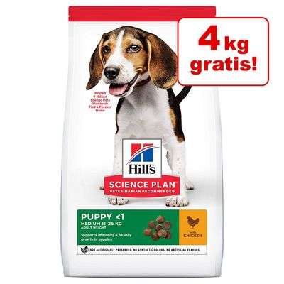 18 kg + 4 kg Gratis Hill's Science Plan Hundefutter, z.B. Puppy Medium mit Huhn (Neukunden für 48,23€ --> 2,19€ pro kg, sonst 53,59€)