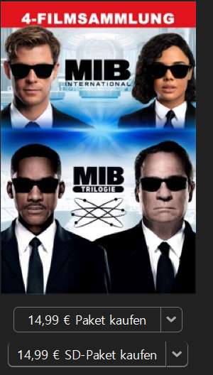 [Itunes.de] Men in Black / MIB - 4 Filmesammlung - Teil 1,2,3 und MIB International - 4K Dolby Vision digitale Kauffilme