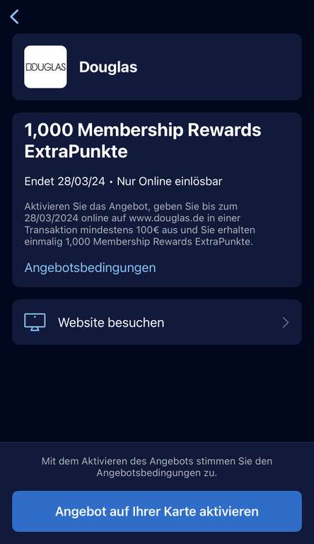 [AMEX Offers] 1000 Membership Reward Points oder 500 Payback Punkte bei Douglas bei Mindestumsatz von 100 Euro (personalisiert)