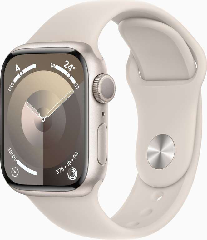 Apple Watch Series 9 41mm GPS in Polarstern | 430x352, OLED, 2000nits | Aluminium | 64GB | WiFi 4 | Bluetooth 5.3 | NFC | UWB | Größe: S/M