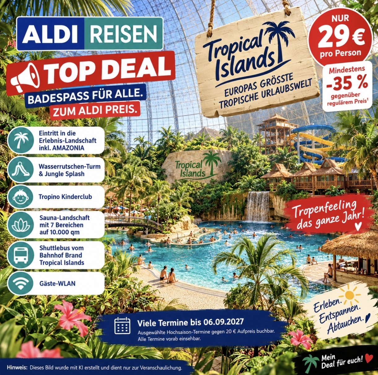 Tropical Islands Tagesticket inkl. Sauna für 29 € statt 44,90 € – viele Termine ohne Aufpreis